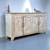 Handmade Carved Indian Mango Wood 4 Doors Sideboard 180x40x90cm Whitewash